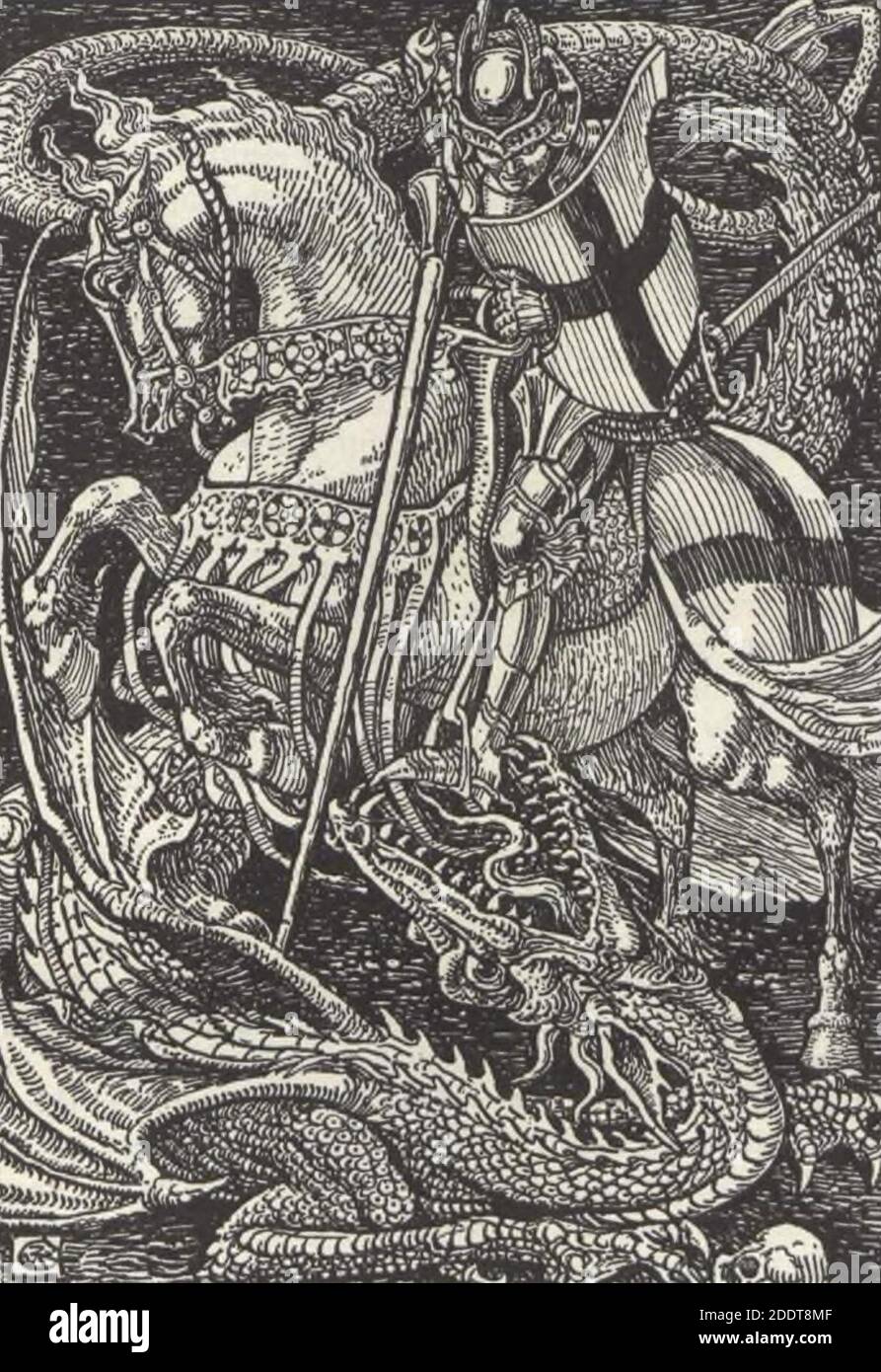 Knight, lance and dragon art from Spenser's ‘Faerie Queen‘ - The art of Walter Grane (page 193 crop). Stock Photo