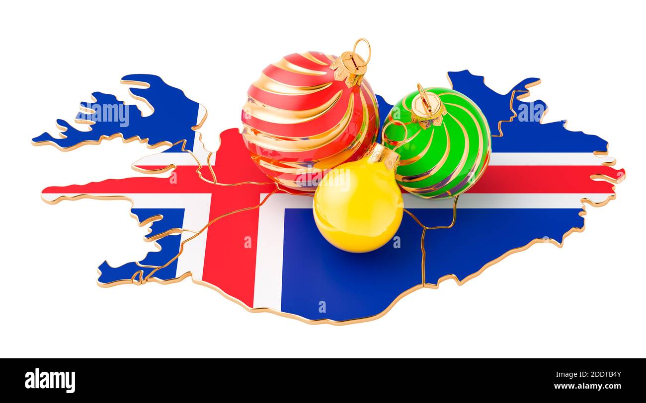 Icelandic map with colored Christmas balls. New Year and Christmas
