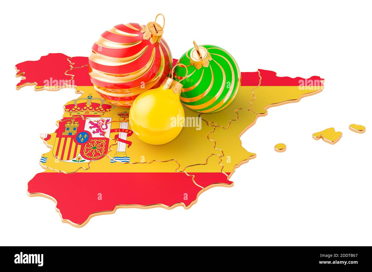 Spanish map with colored Christmas balls. New Year and Christmas holidays concept, 3D rendering isolated on white background Stock Photo