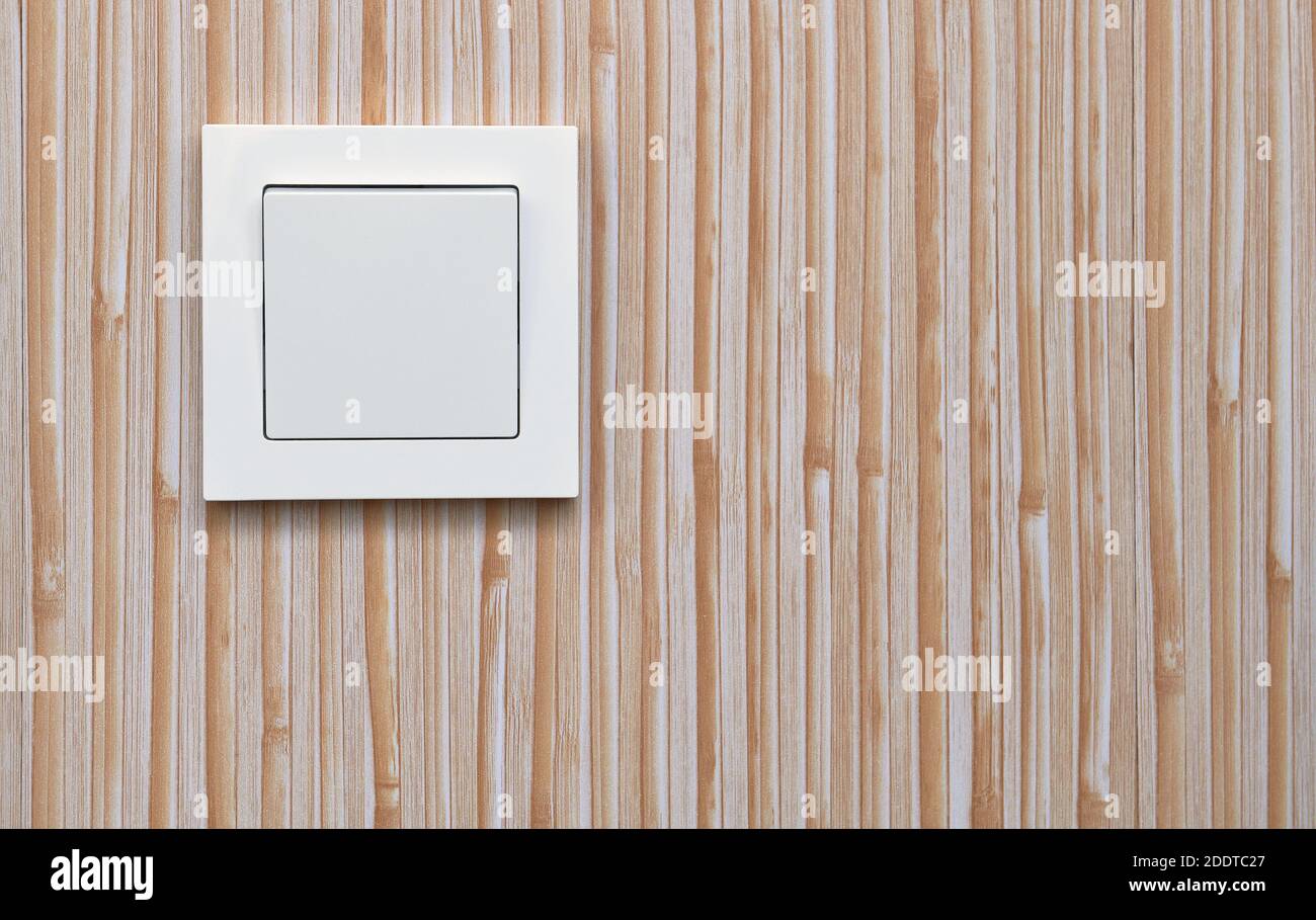 White electric light switch on the background of plastic wall panels