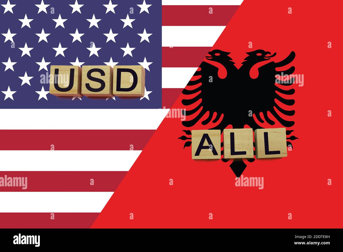 American and Albanian currencies codes on national flags background. USD and ALL currencies Stock Photo