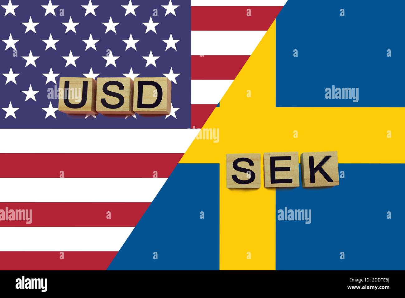 American and Sweden currencies codes on national flags background. USD