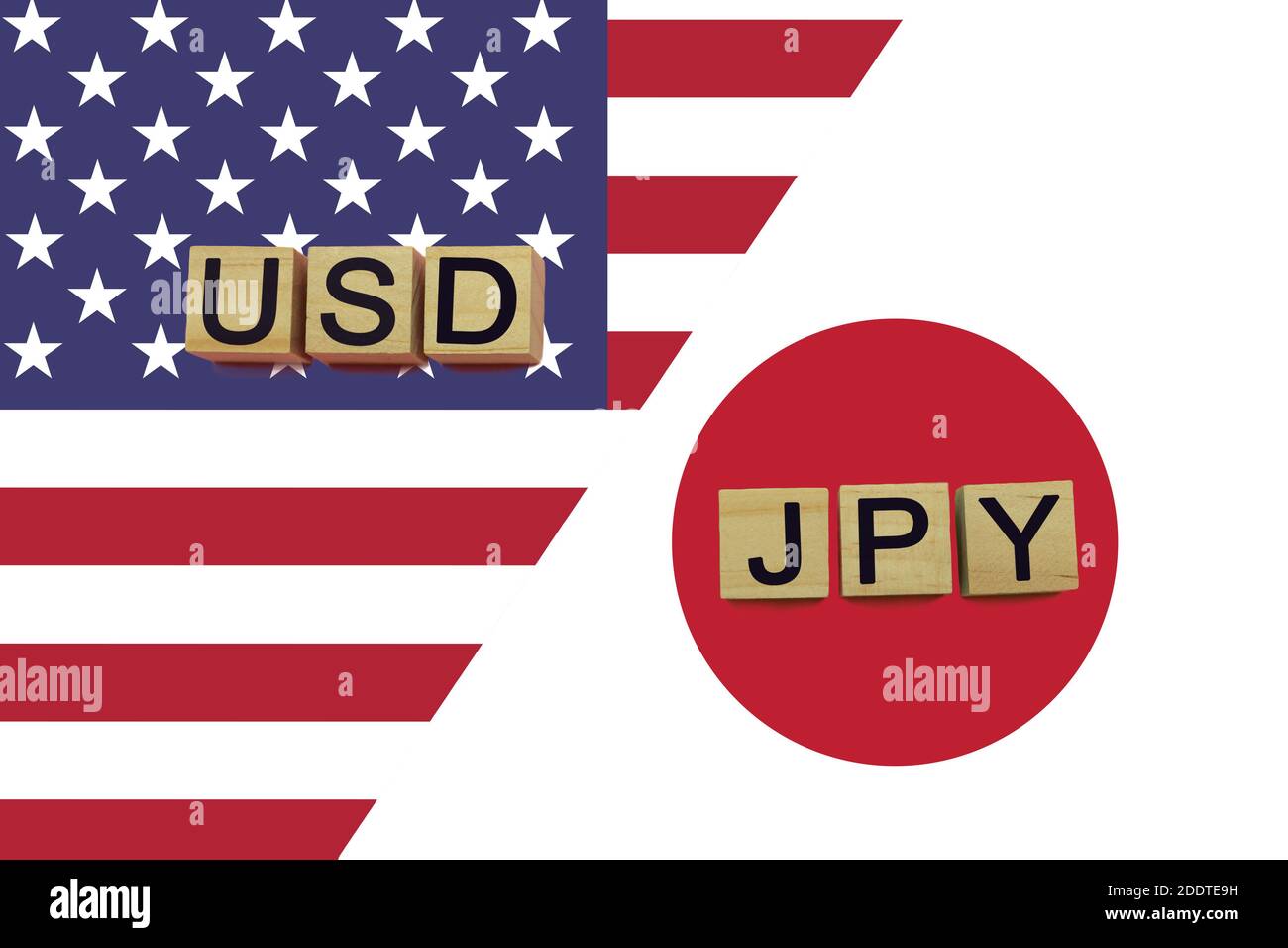American and Japanese currencies codes on national flags background. USD and JPY currencies Stock Photo