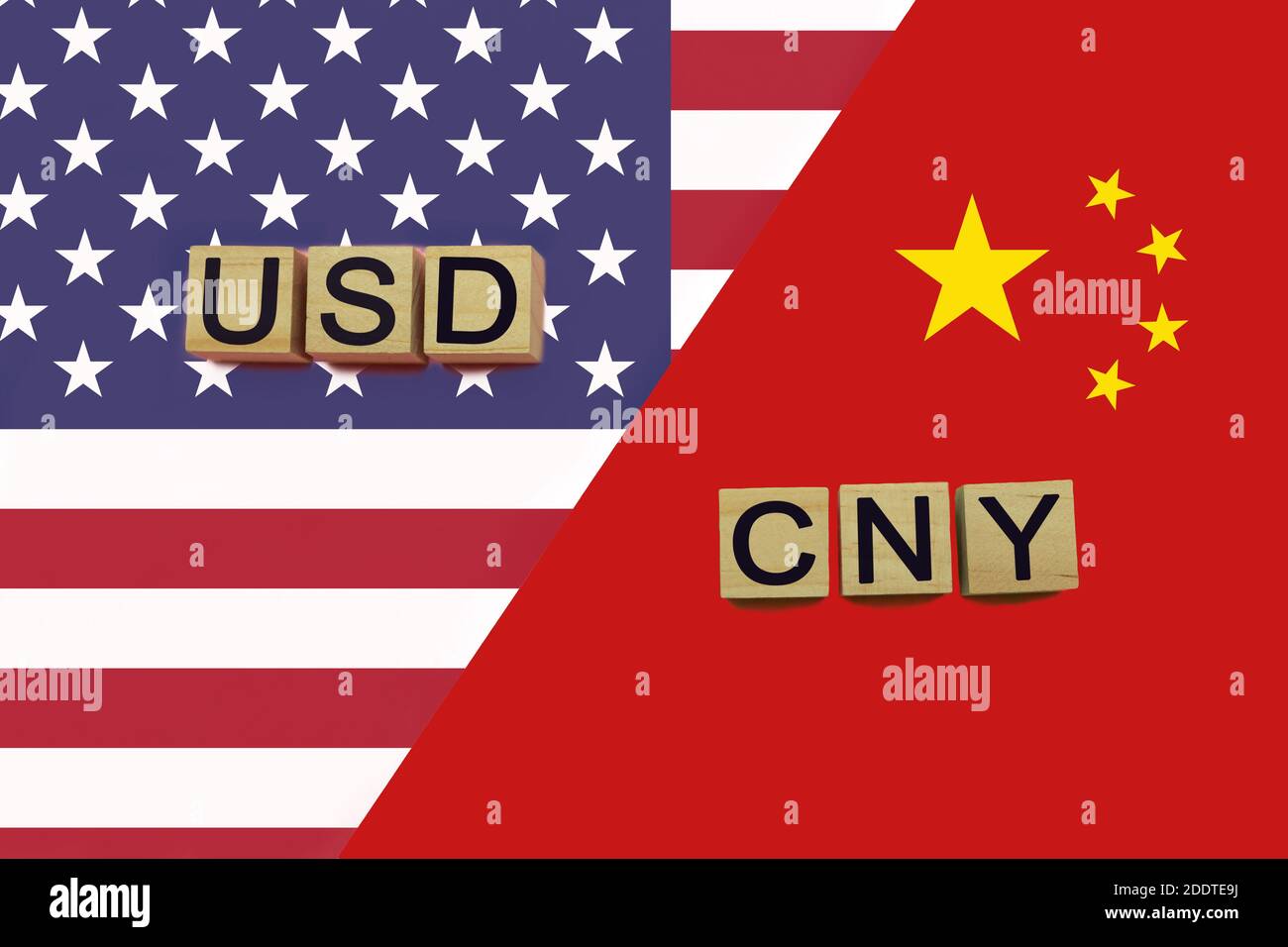 American and Сhinise currencies codes on national flags background. USD
