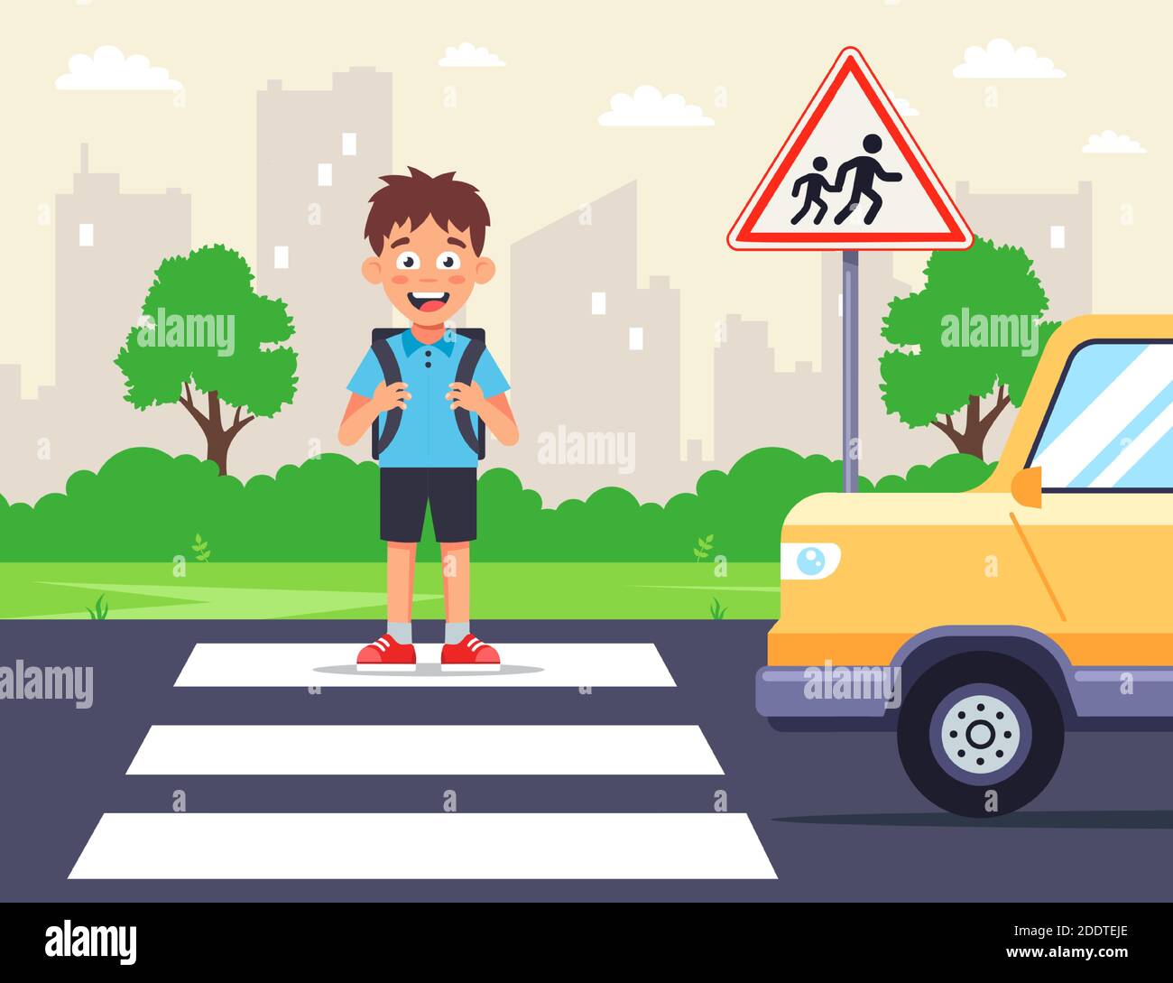 Pedestrian Safety And Car Driving Rules Boy Crossing The Street On