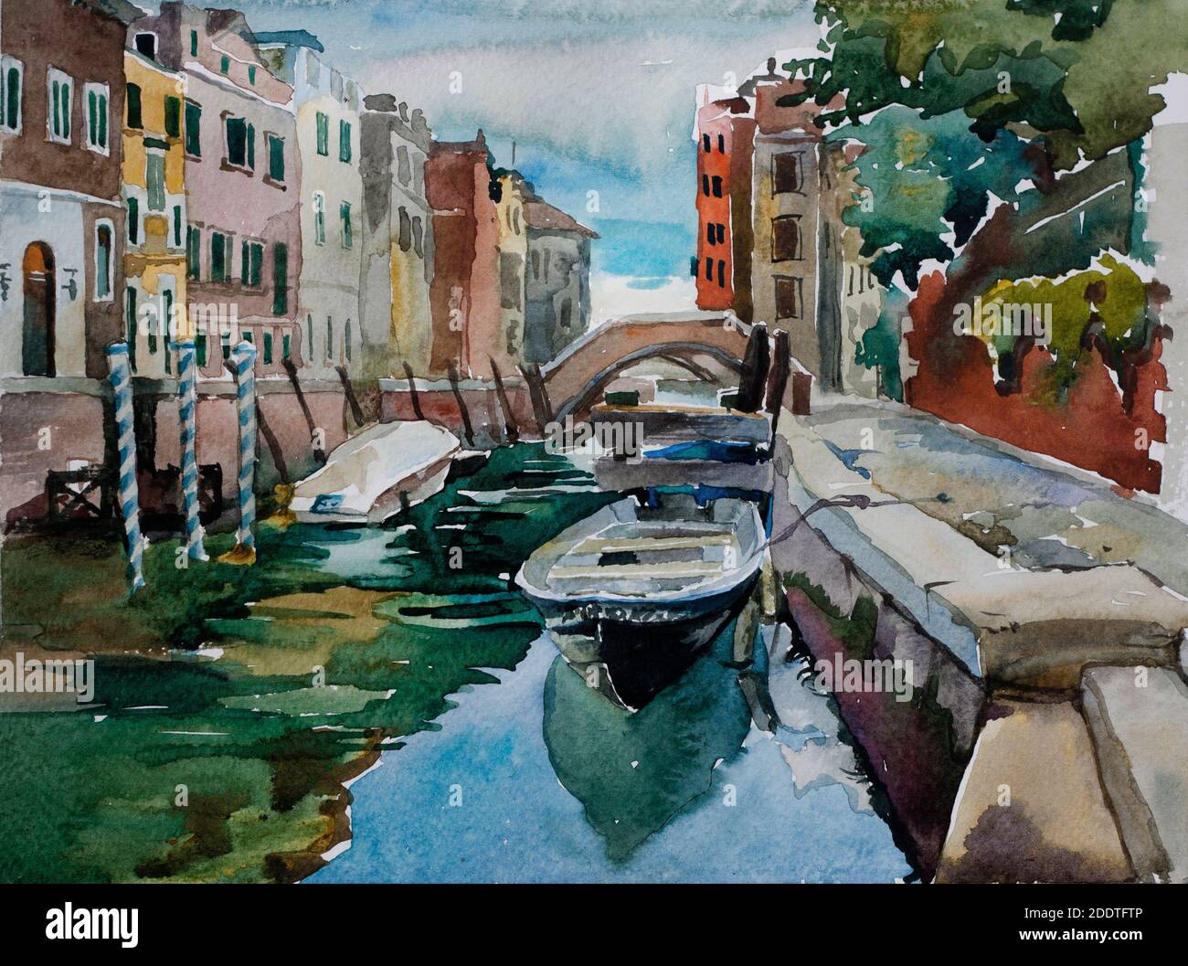 Venetian canal with parked to pavement boats architecture watercolor ...