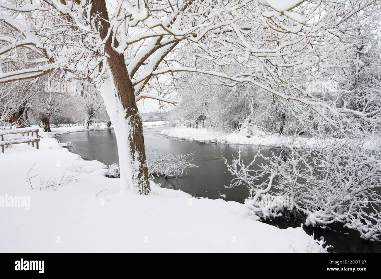 Heavy snow and a frozen river on the Stour at Flatford in Suffolk Stock Photo