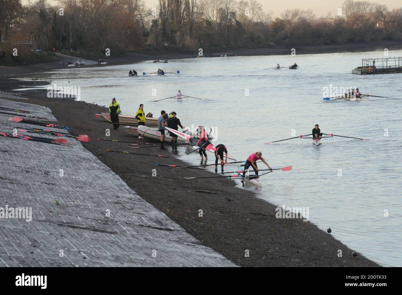 London, UK. 26th Nov, 2020. Rowers practice at Putney boat clubs where the race traditionally starts. The Boat Race Company Limited (BRCL) today announced that The Boat Race between Oxford and Cambridge will be held on the Great Ouse at Ely in April 2021. The event will see the 166th Men's and the 75th Women's boat races. The decision to relocate the 2021 event reflects the challenge of planning a high-profile amateur event around continuing COVID related restrictions as well as uncertainty regarding the safety and navigation of Hammersmith Bridge. Credit: JOHNNY ARMSTEAD/Alamy Live News Stock Photo
