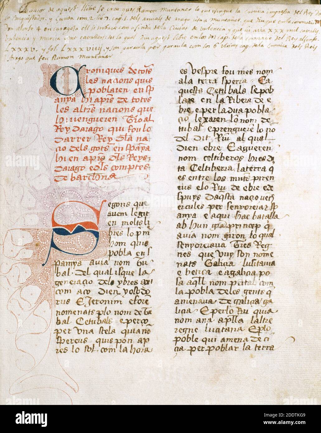 Ramon Muntaner (1265-1336). Catalan chronicler and soldier. Chronicle, written between 1325-1328 in Xirivella (Valencia province, Spain). Folio 1. Stock Photo
