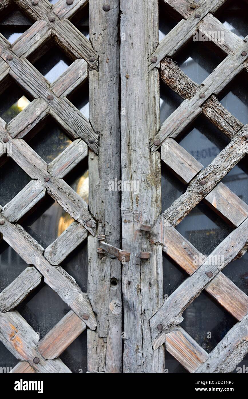 Old wooden gate showing half lap and mortice joints in the woodwork Stock Photo