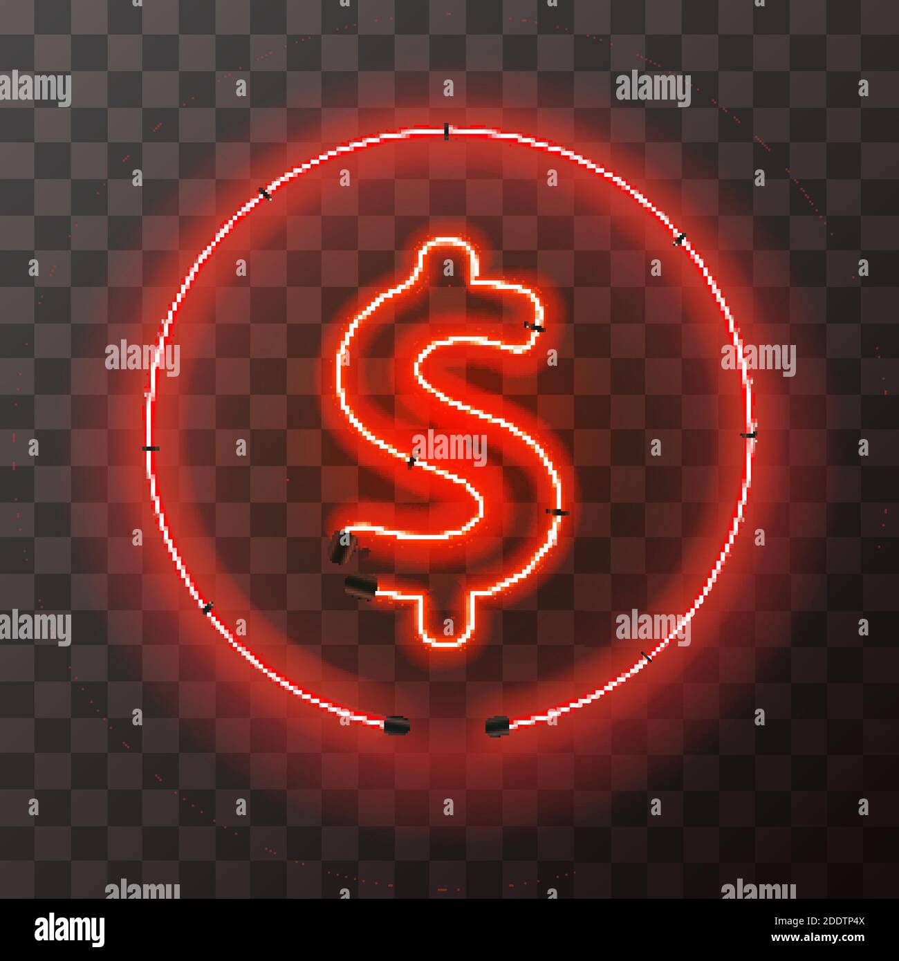 Bright red neon dollar sign in round frame on transparent background