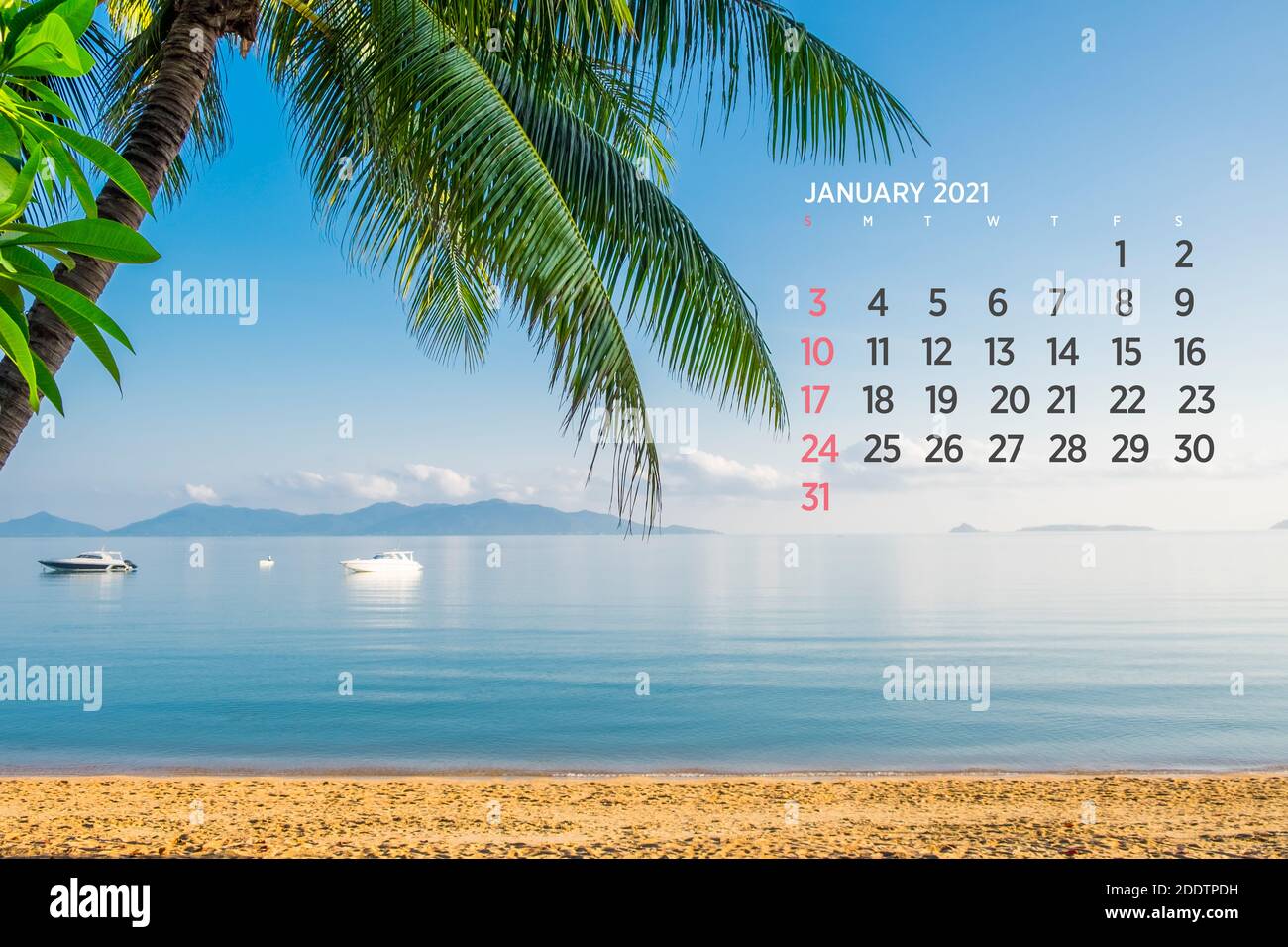 Calendar January 2021. Sea, ocean, beach, tropical, nature theme. A2. 60 x 40 cm. 15.75 x 23.62 inches Stock Photo