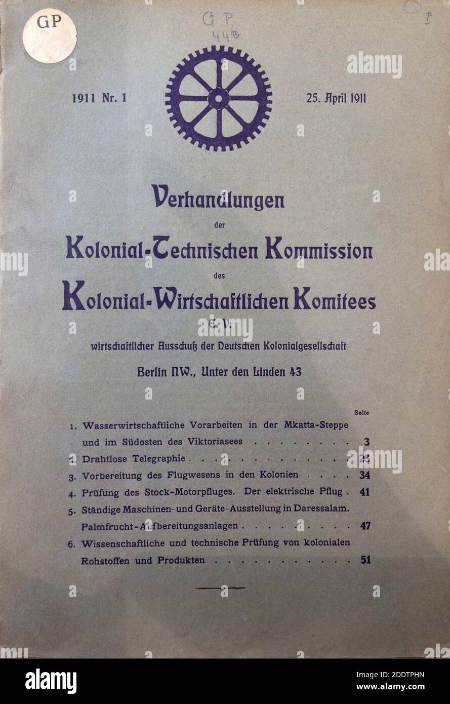 Kolonialtechnische Kommission - Sitzungsheft 1.1911. Stock Photo