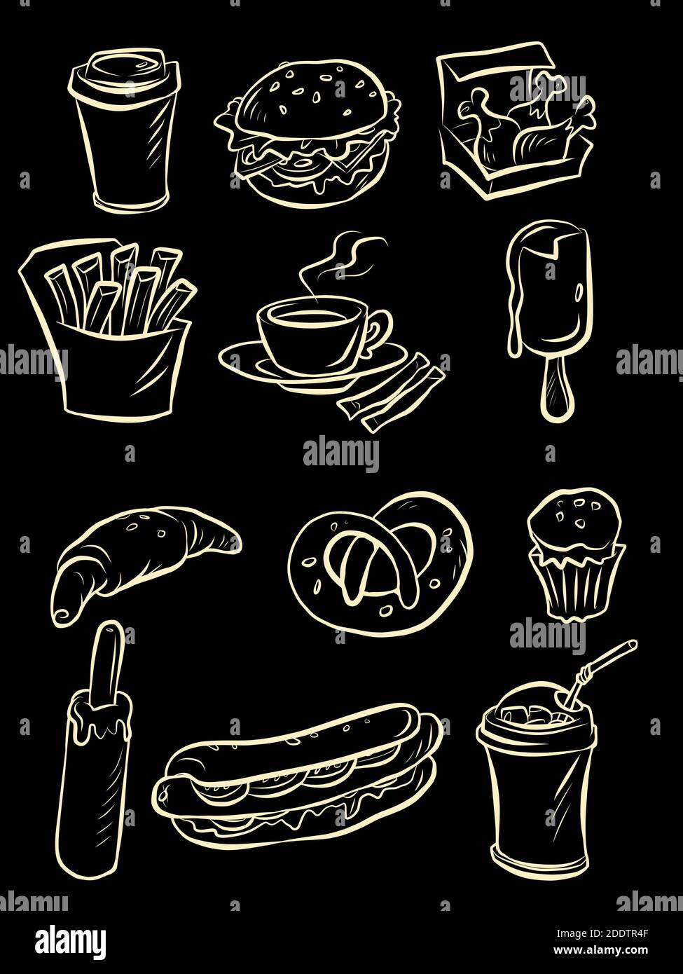 Snacks street food collection set icons symbols sketch hand drawing Stock Vector