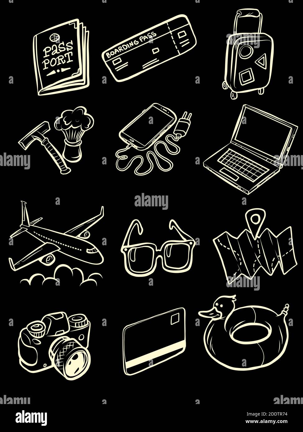 Travel tourism collection set icons symbols sketch hand drawing Stock Vector