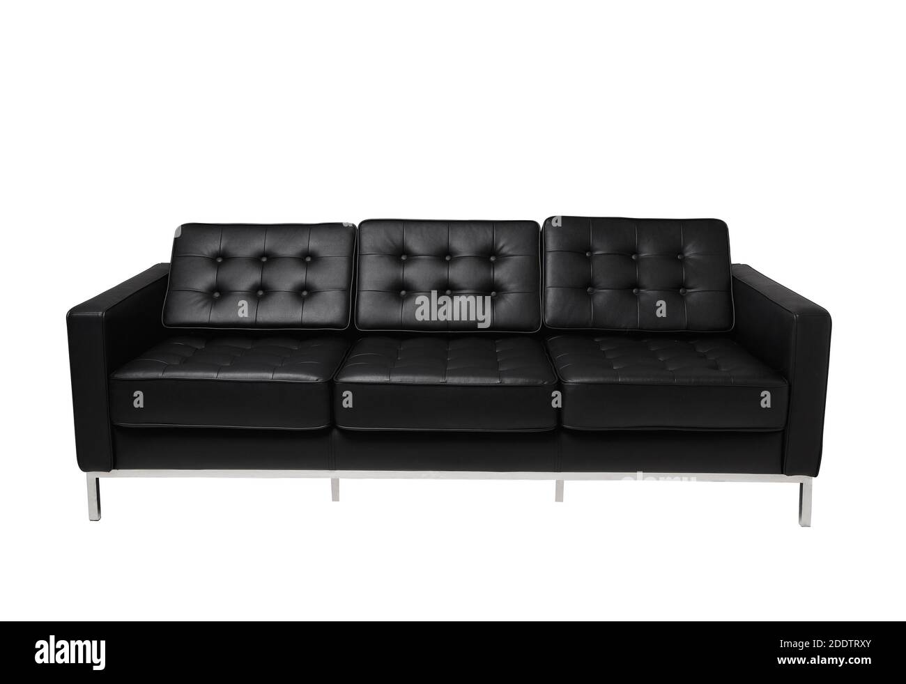 Black leather sofa isolated on white background. Empty black couch. Stock Photo