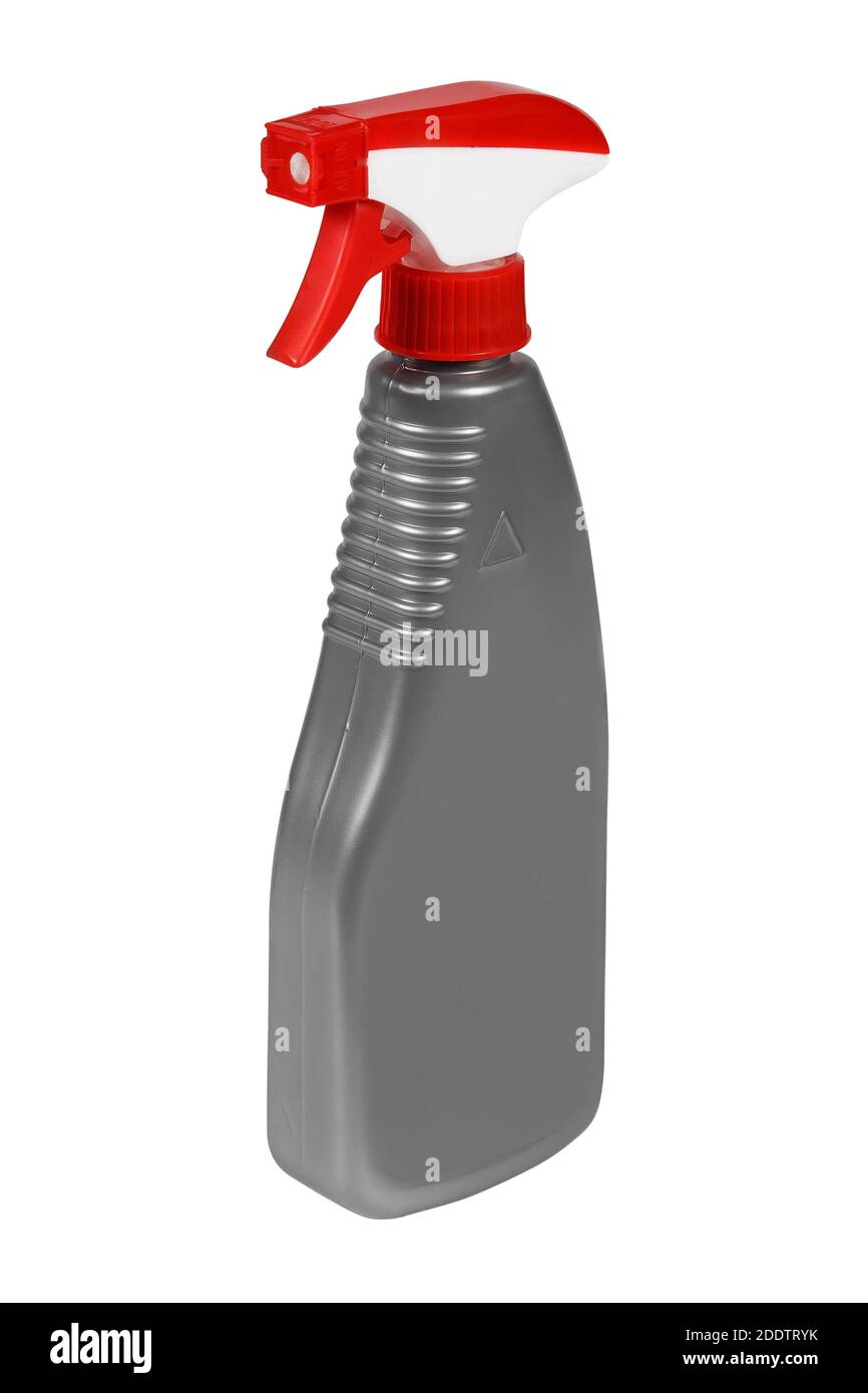 A gray spray bottle. Plastic spray Pistol. Gray container without a label with space for text. Container for household cleaning products, for car care Stock Photo
