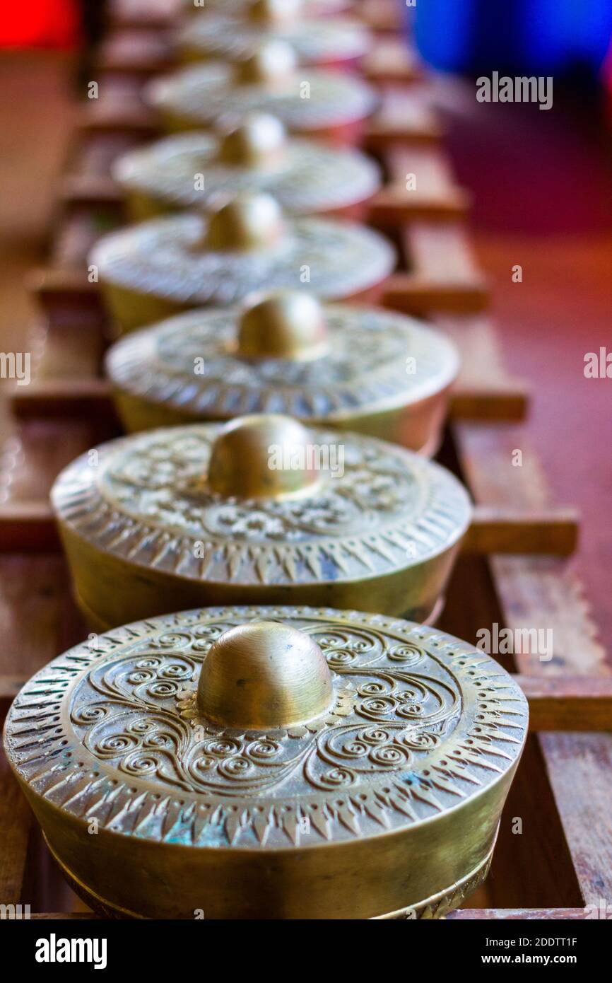 Brass percussion gongs locally called kulintang in Cotabato City, Philippines Stock Photo