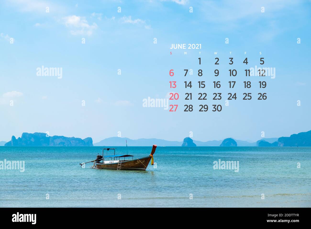 Calendar June 2021. Sea, ocean, beach, tropical, nature theme. A2. 60 x 40 cm. 15.75 x 23.62 inches Stock Photo