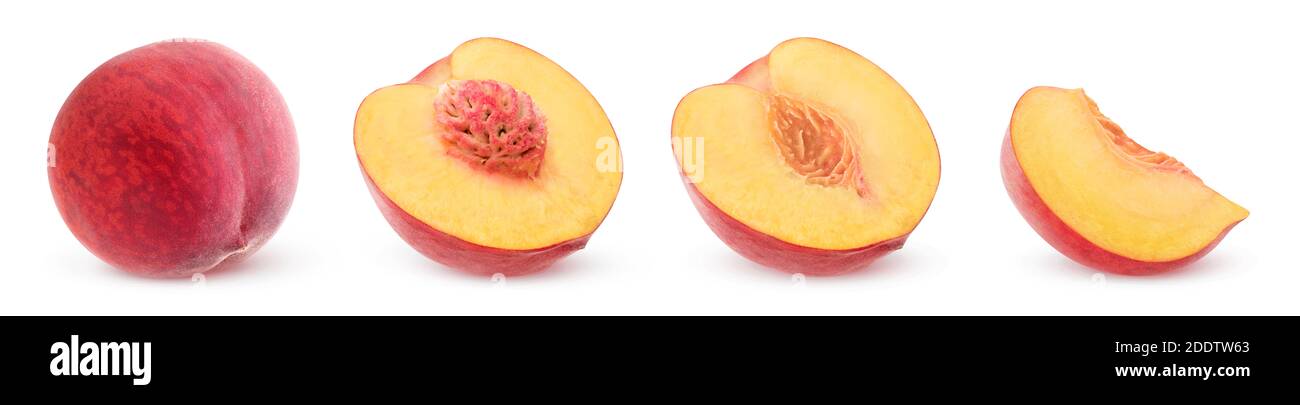 Whole fresh peach fruit, halves and a slice in a row isolated on white background Stock Photo
