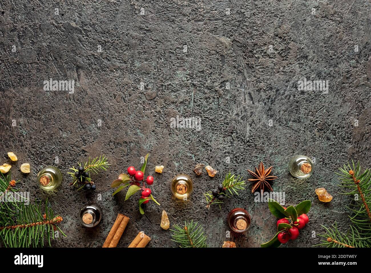 Dark Christmas background with bottles of essential oil, wintergreen, juniper, frankincense and Christmas spices with copy space Stock Photo