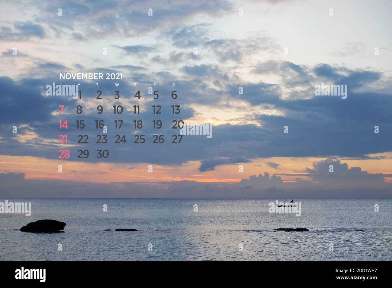 Calendar November 2021. Sea, ocean, beach, tropical, nature theme. A2. 60 x 40 cm. 15.75 x 23.62 inches Stock Photo
