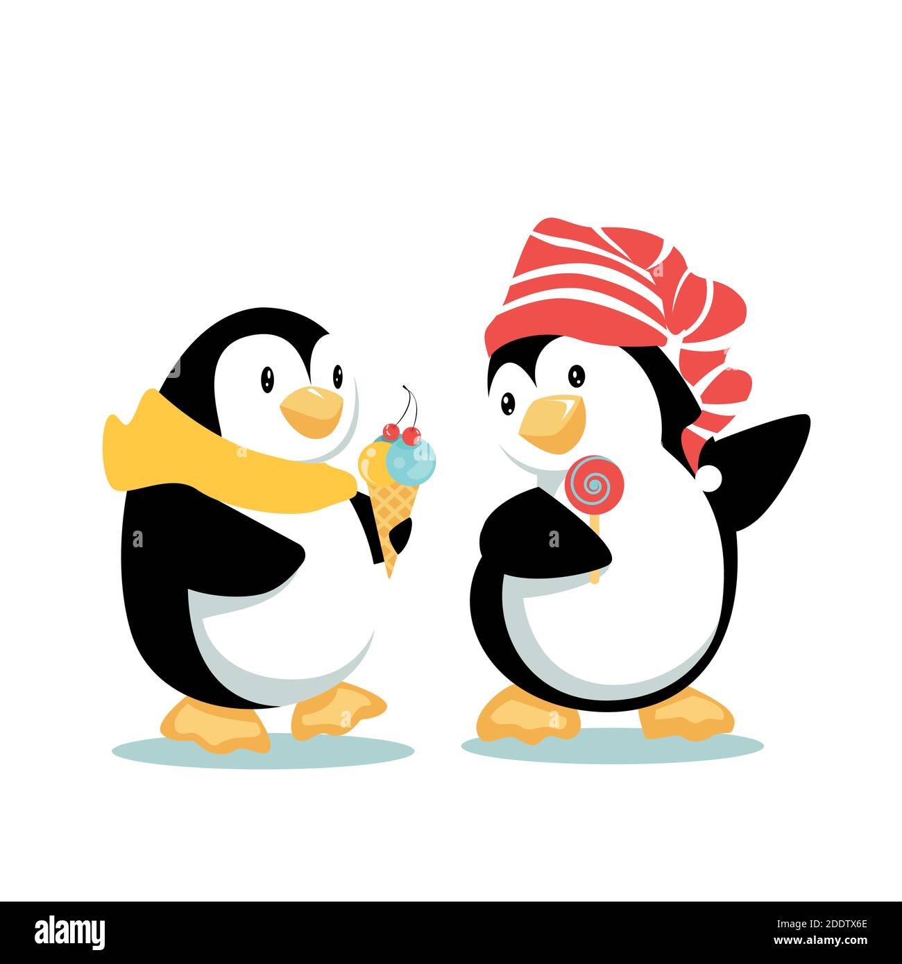 Penguin Friends Walk Chatting and Eating Snacks Stock Vector