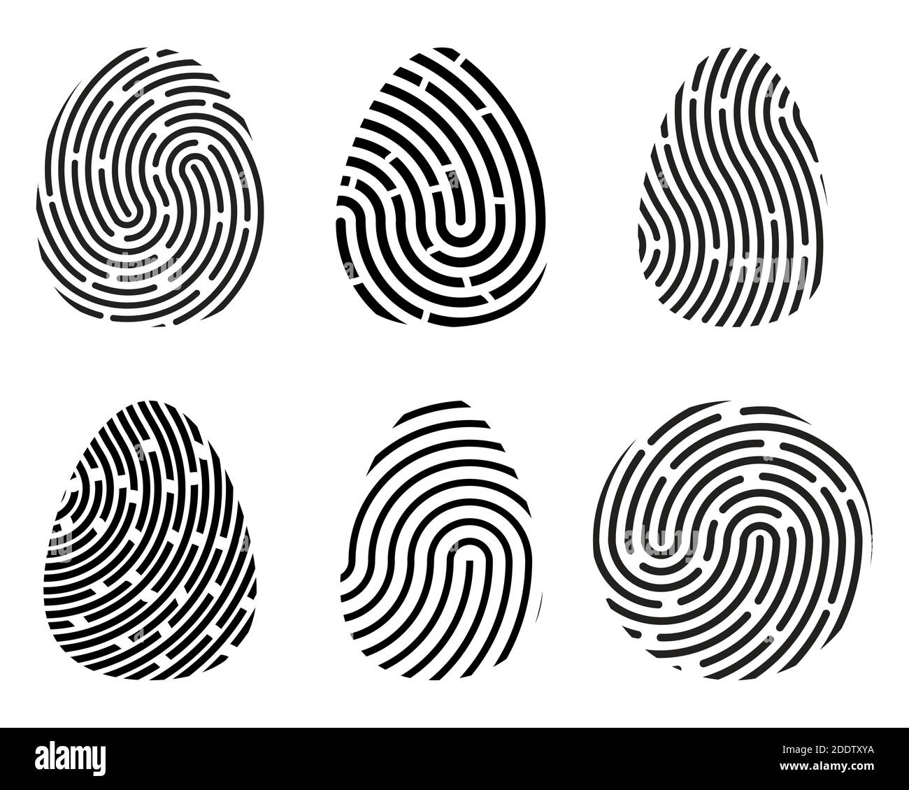 Fingerprint icon set. Unique finger stamp silhouette shapes isolated on white background.  Black criminal identity symbol collection. Individual signa Stock Vector
