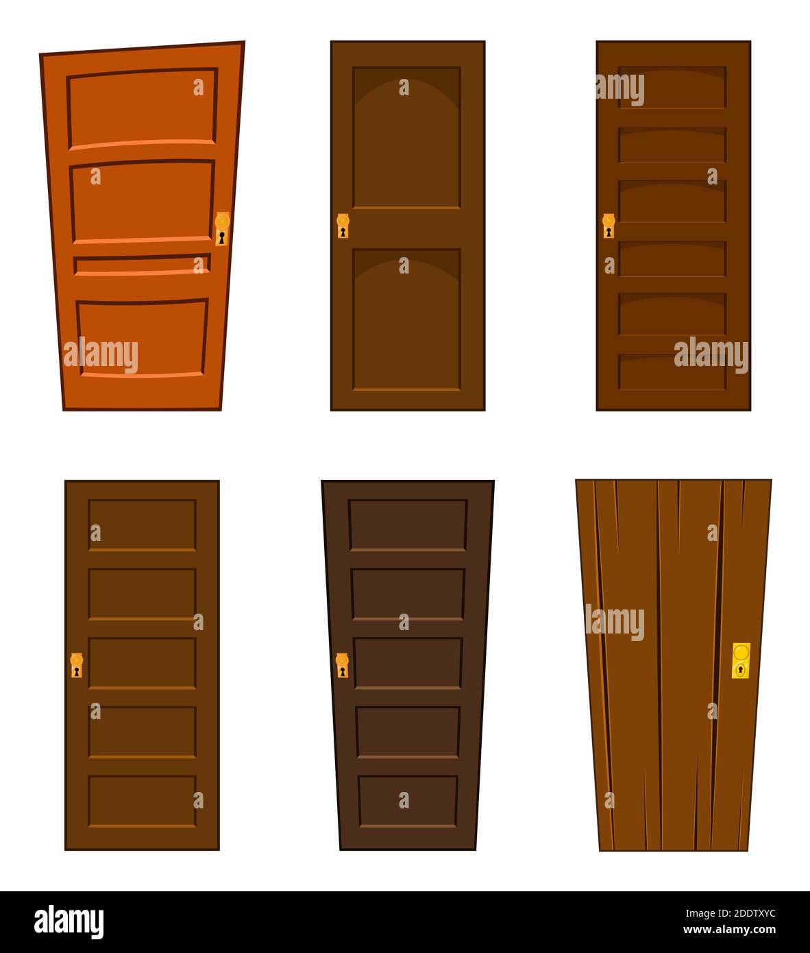Door vector set isolated on white background. Collection of cartoon home design element. Brown closed wood doorway in different style. Locked apartmen Stock Vector