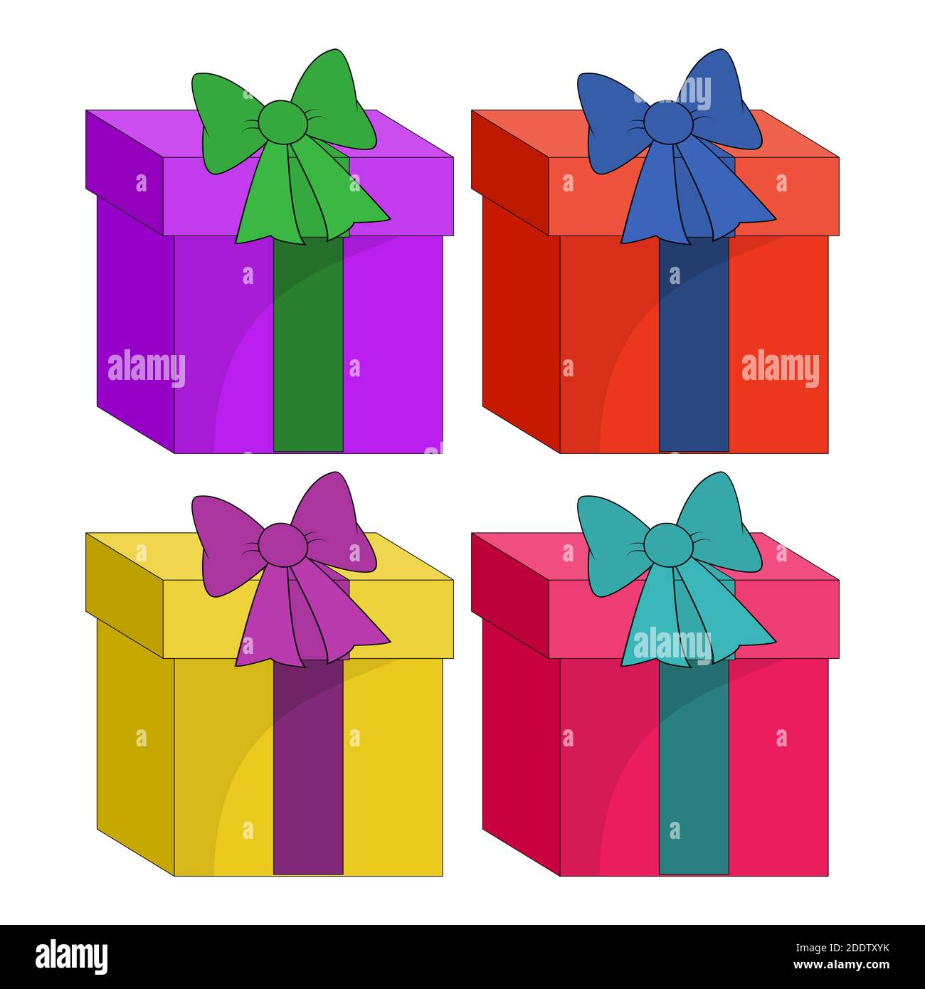 Christmas gift box with bow set isolated on white. Collection of present boxes with ribbon. Cartoon xmas colorful icons illustration. Eps 10 design el Stock Vector