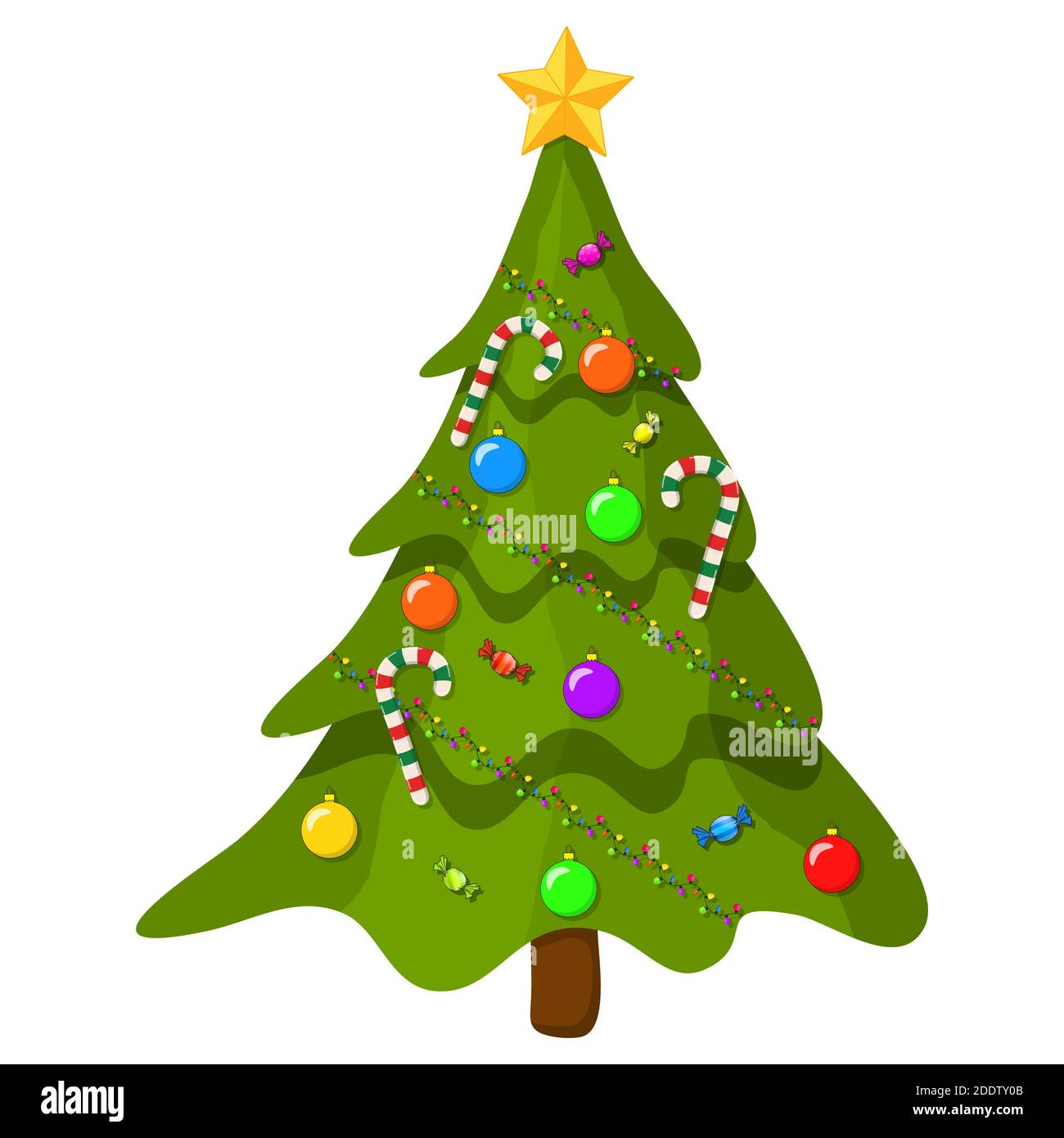 Christmas tree with ornaments. Cartoon illustration isolated on white background. Vector fir tree with hanging xmas decorations.Modern holiday evergre Stock Vector