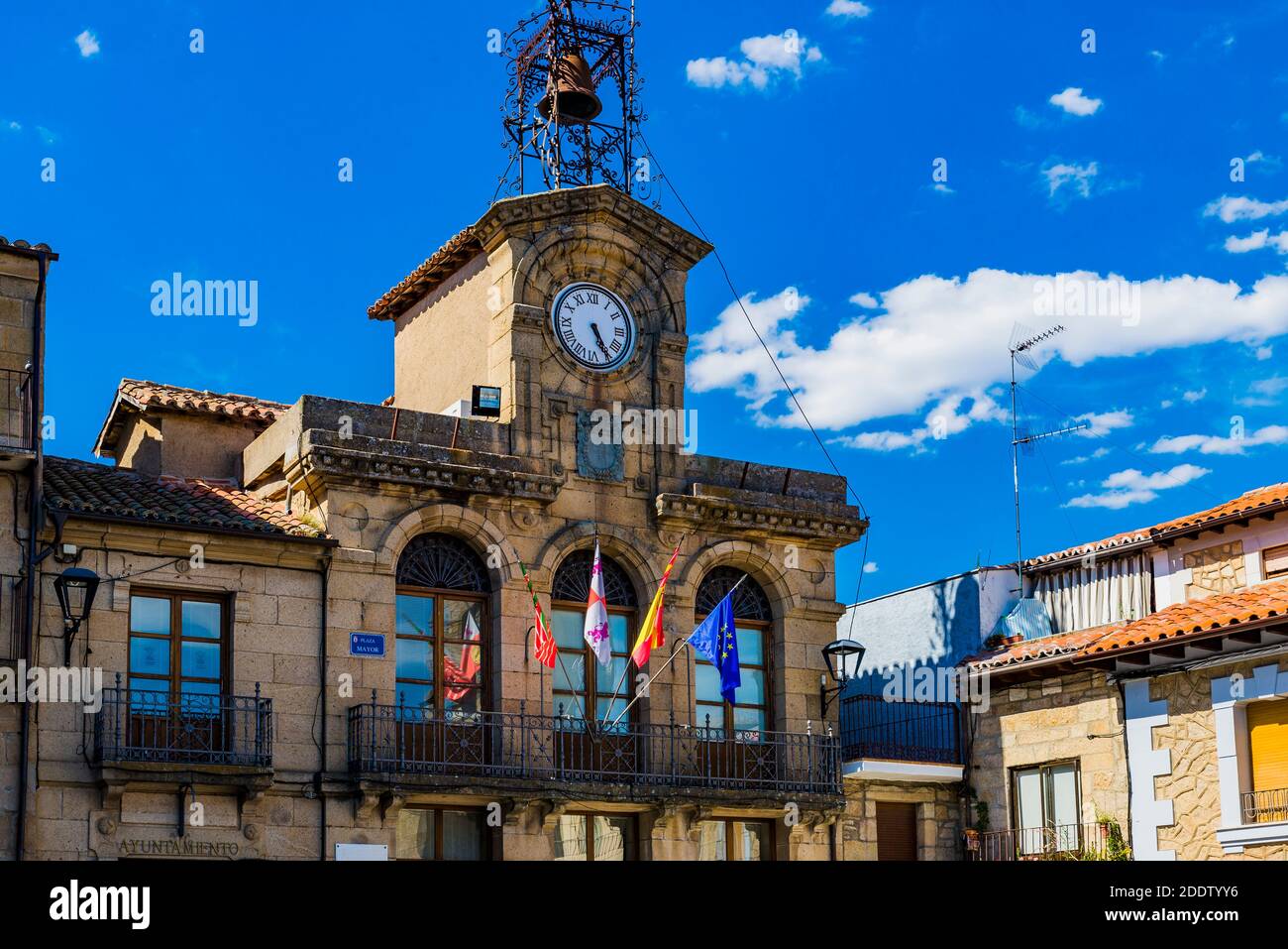 Clock tower of the town hall and the bell, with which the council was played in the Villa, Main square. Fermoselle is a small medieval village. Fermos Stock Photo