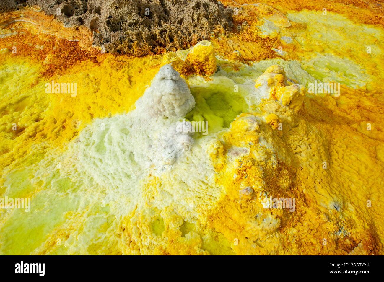 Dallol sulphur or sulfur springs and pools and rock formations in the Danakil Depression in Afar, Ethiopia Stock Photo