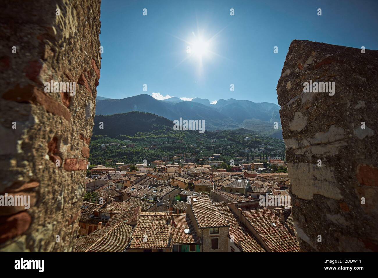 View from Castels walls on the mount and the village. Panoramic view Stock Photo