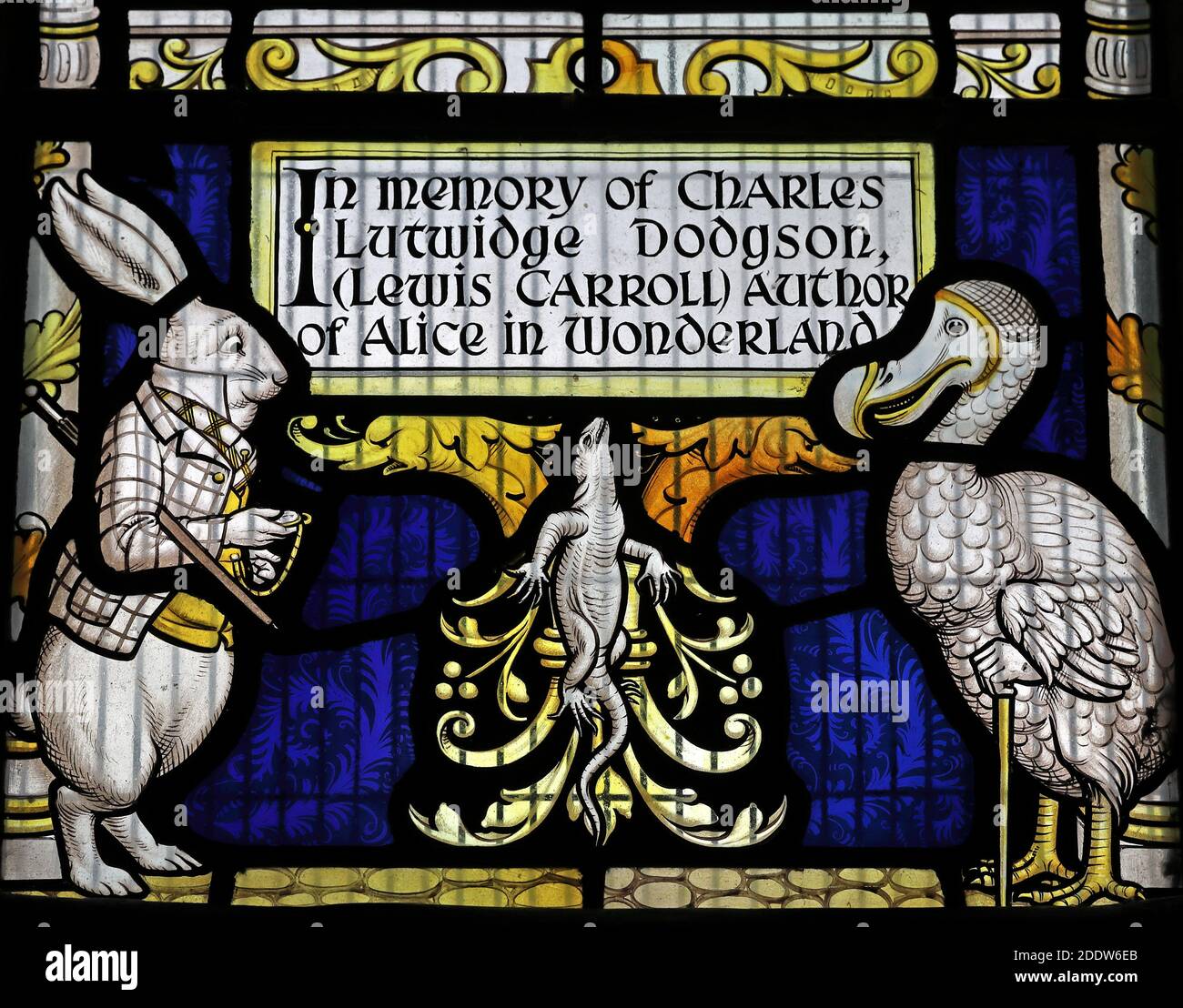 Lewis Carroll window,All saints,Daresbury Village,Warrington,Cheshire,Rabbit,Dodo,Lizard,In memory of Charles Lutwidge Dodgson Stock Photo