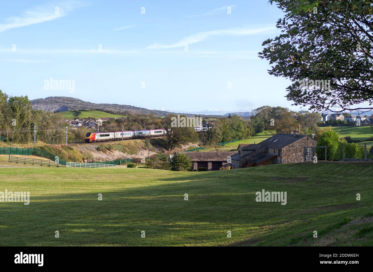 2 Avanti west coast class 221 diesel voyager trains on the west coast mainline in Lancashire Stock Photo