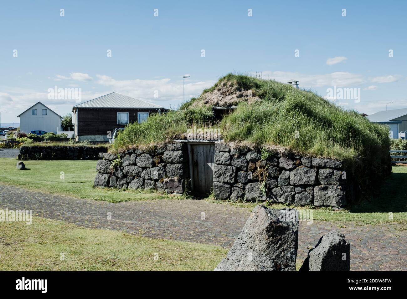 Þuríðarbúð Folk Museum is an old fishing hut made with a turf roof and was opened in 1949 in memory of Þuríður Einarsdóttir. Located in Stokkseyri Stock Photo