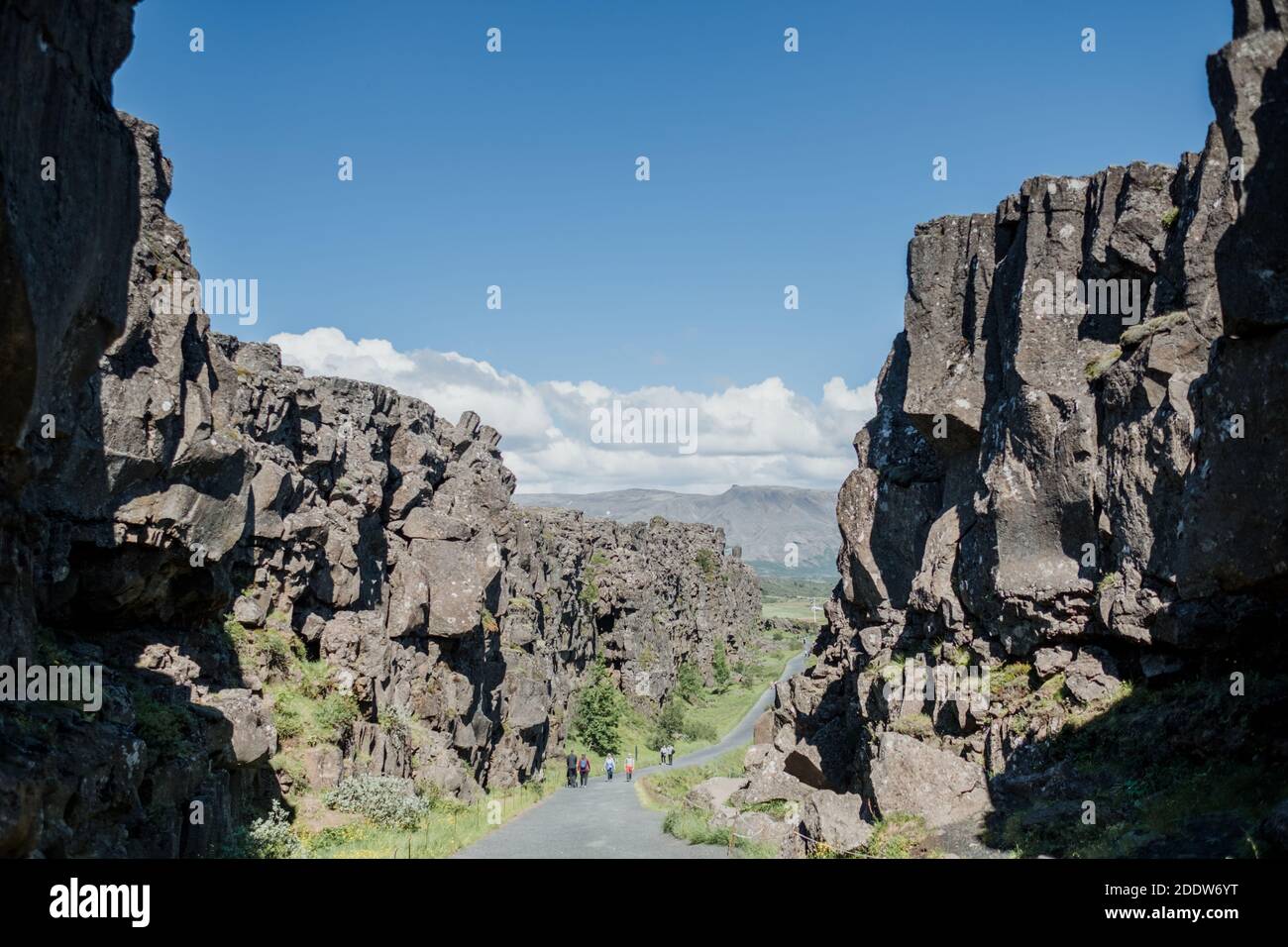 Tourist Walking Path at Thingvellir National Park - Through the volcanic rock formations of the Continental Rift Stock Photo