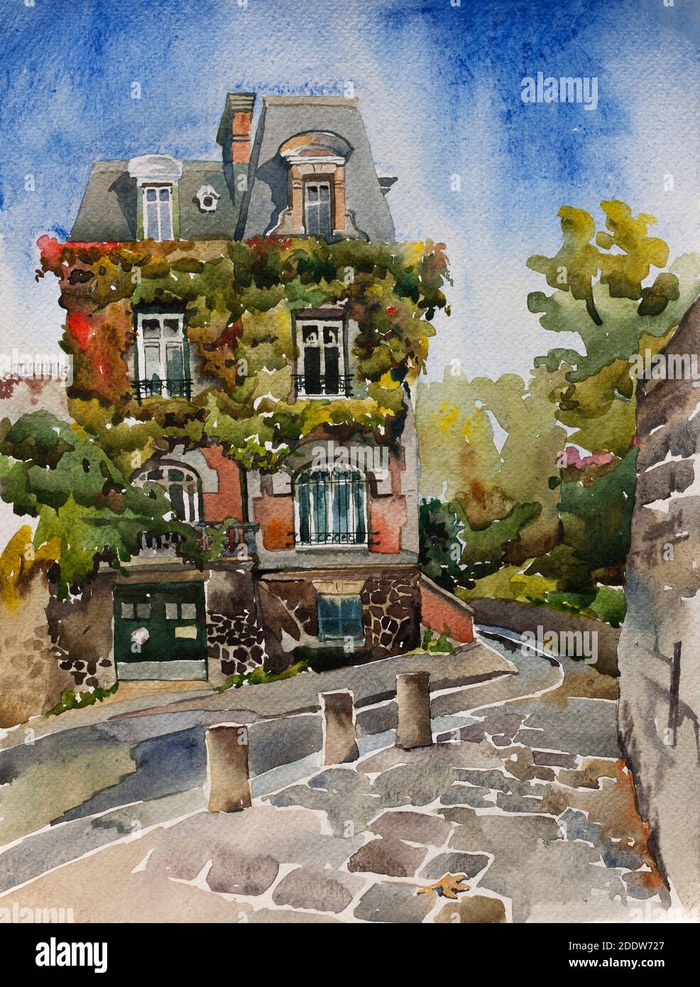 Paris Montmartre street with old house with ivy walls in autumn sunny