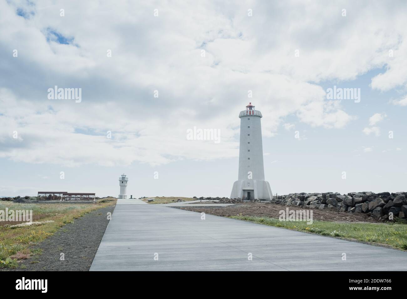 The new lighthouse in Akranes and the old lighthouse in the background. Iceland. Stock Photo
