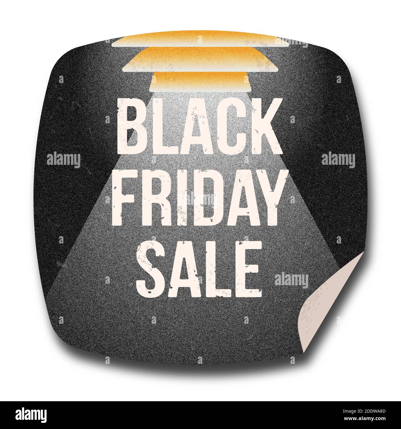 Black Friday Sale Sticker Label Isolated on White with Text, Lamp an Projector rays lighting, retro flat style design, moder stylization with stipple Stock Photo