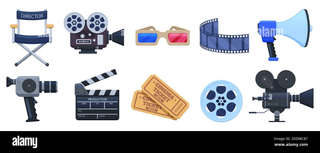 Cinema symbols. Movie theatre or cinematography clapperboard, camera and movie premiere tickets. Film production isolated vector illustration set Stock Vector