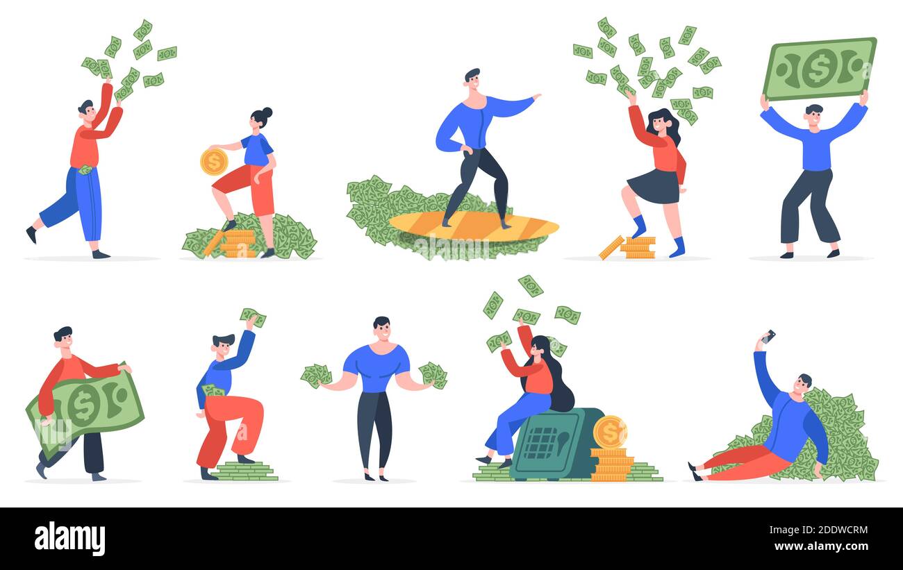 Rich people. Successful men and women with big money, financial success, wealth and luxury. Rich people scatter money vector illustration set Stock Vector