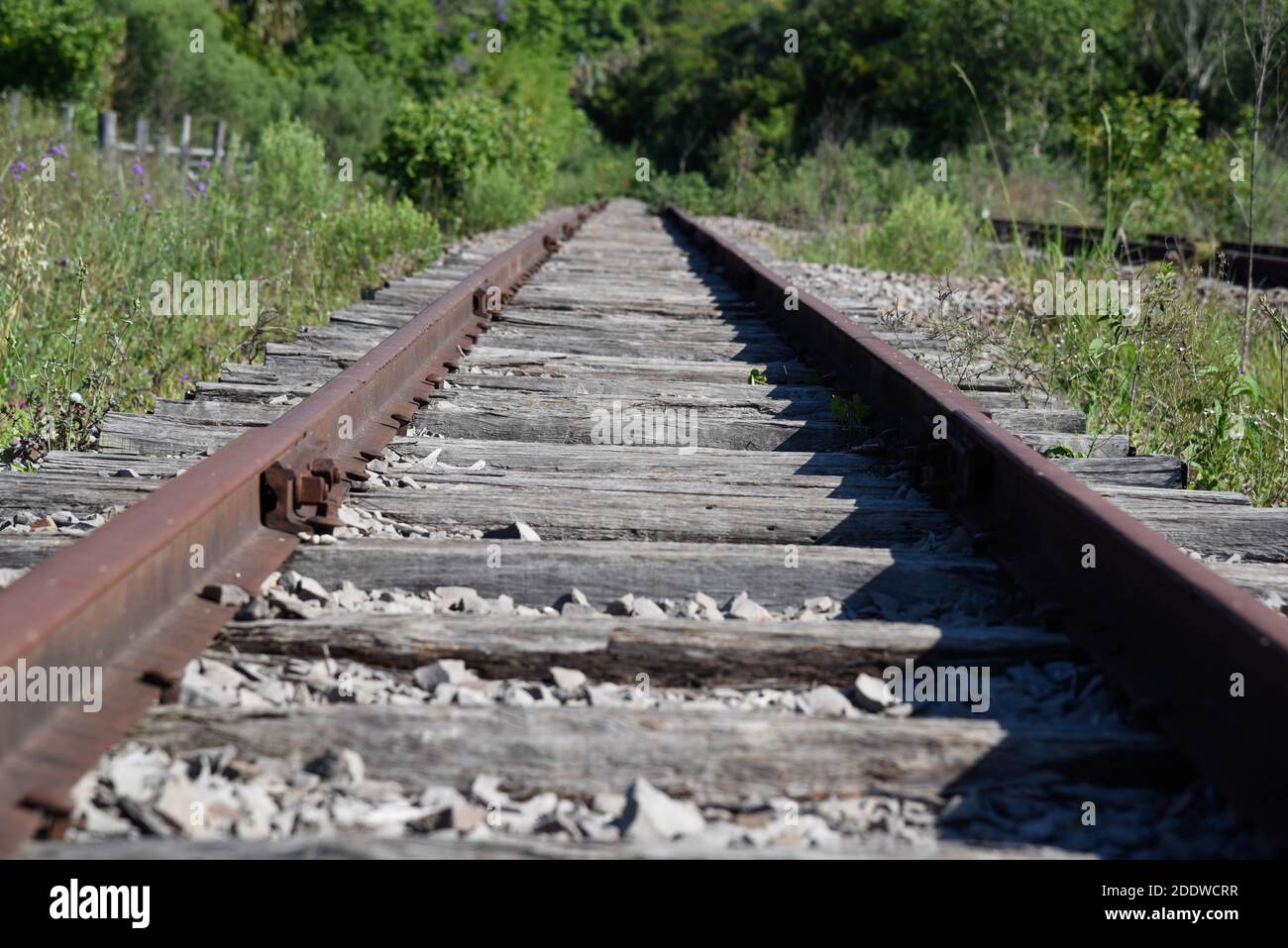 Vintage railroad and rusty rails. Abandoned railway station. Natural ...