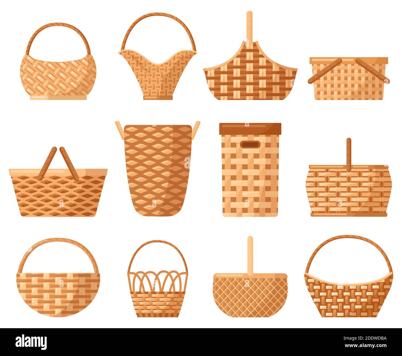 Wicker decorative basket. Traditional picnic willow basket with handle,  baskets for outdoor dining. Wicker hampers vector illustration set Stock  Vector Image & Art - Alamy