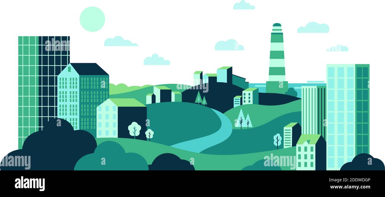 Town with wild nature and urban glass buildings. Eco city landscape ...