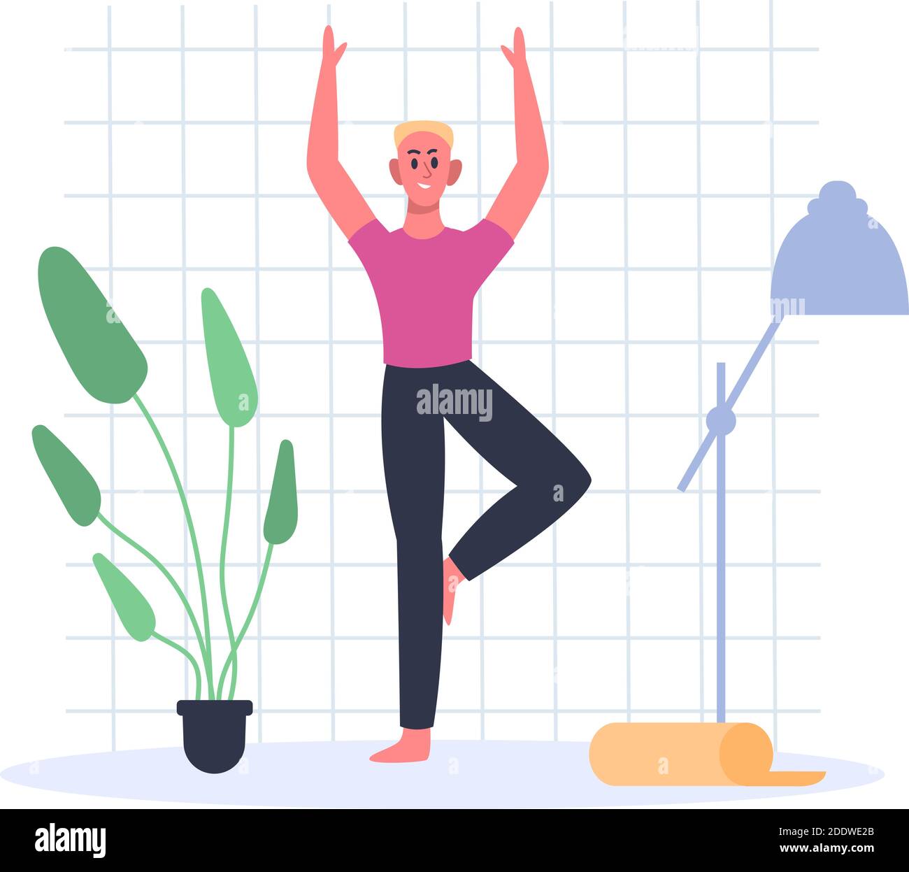 Man doing tree yoga position. Sport class, male character practicing basic posture, having exercises at home Stock Vector