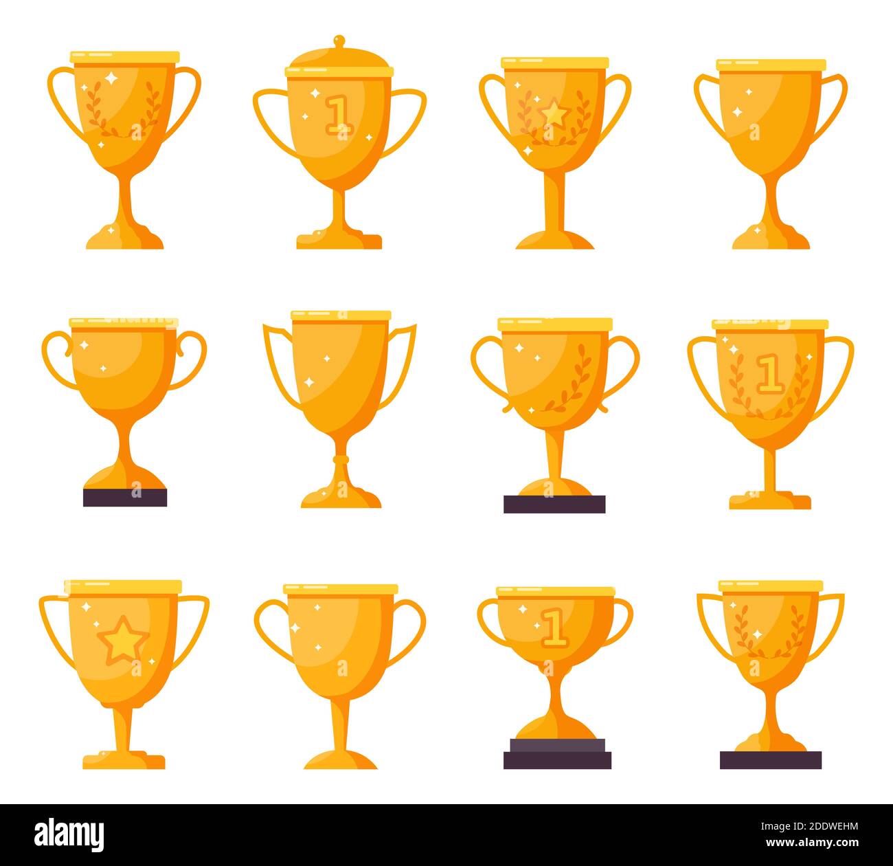 Champion golden cups. Gold winner trophy goblets, achievement award
