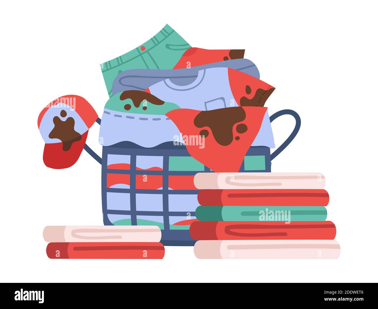 Laundry basket. Dirty clothing, jeans and socks in basket, apparel with