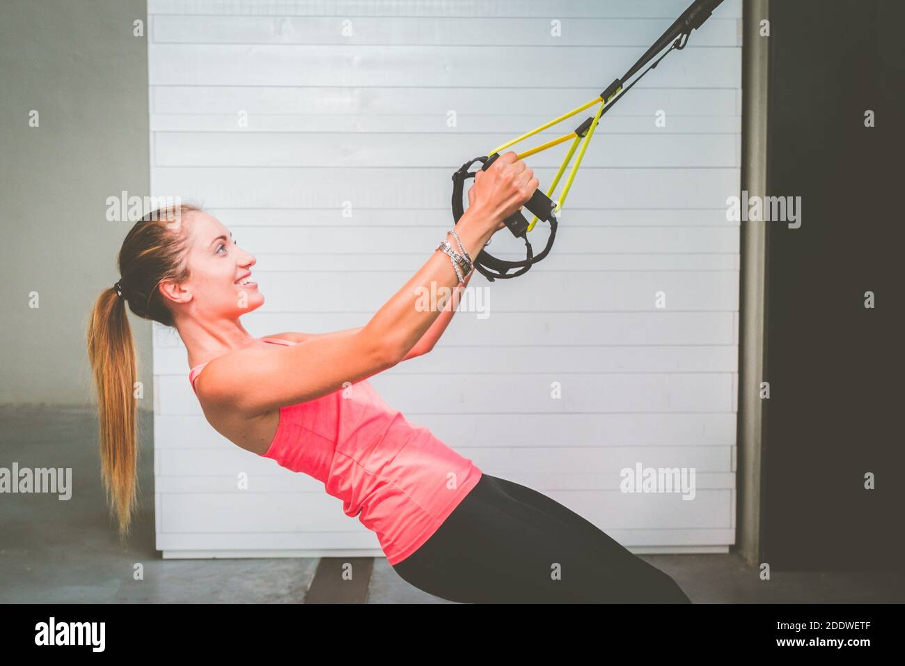 Beautiful girl training her arms with straps Trx Fitness in the gym - Woman  doing push-ups trains the upper body chest shoulders pectoral triceps Stock  Photo - Alamy
